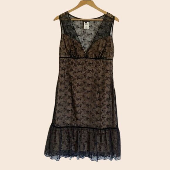 ABS Evening by Allen Schwartz Black Lace and Nude Cocktail Dress Size 10 - Picture 1 of 13